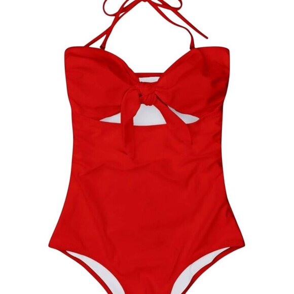 Stunning Red Bandeau Tie Front Cut Out One Piece Swimsuit Size XL - Picture 7 of 9